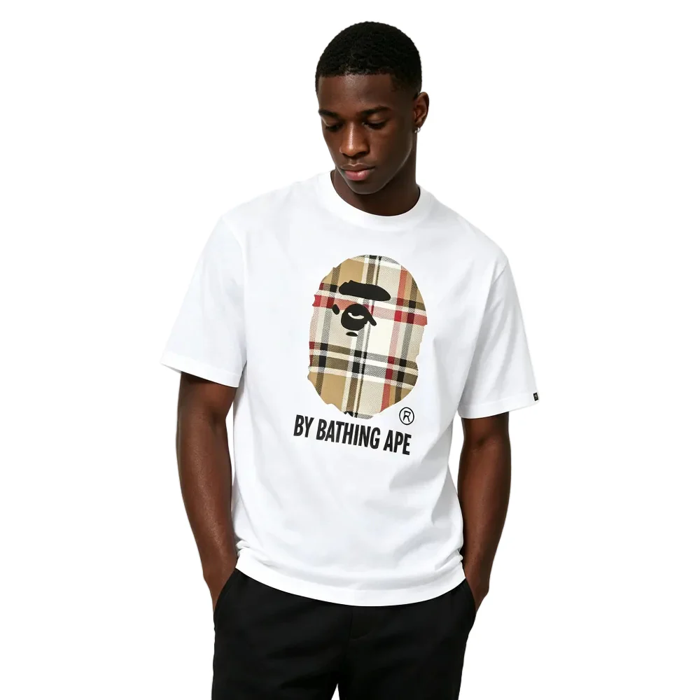 BAPE A Bathing Ape Check by Bathing Tee  White Beige - Image 3